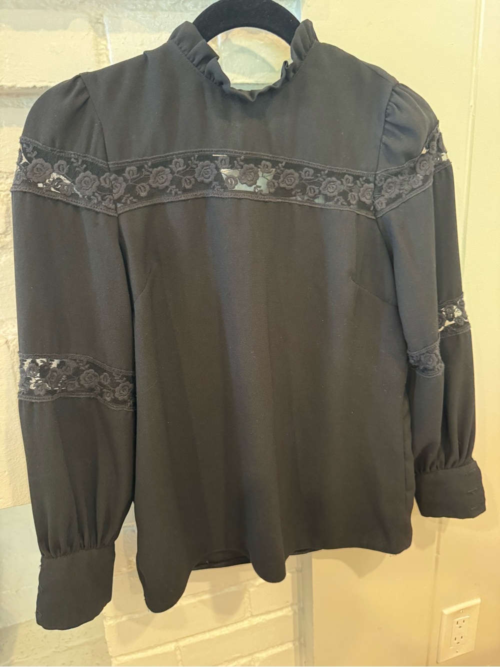 Harper Black Lace-Detail Ruffled High-Neck Blouse